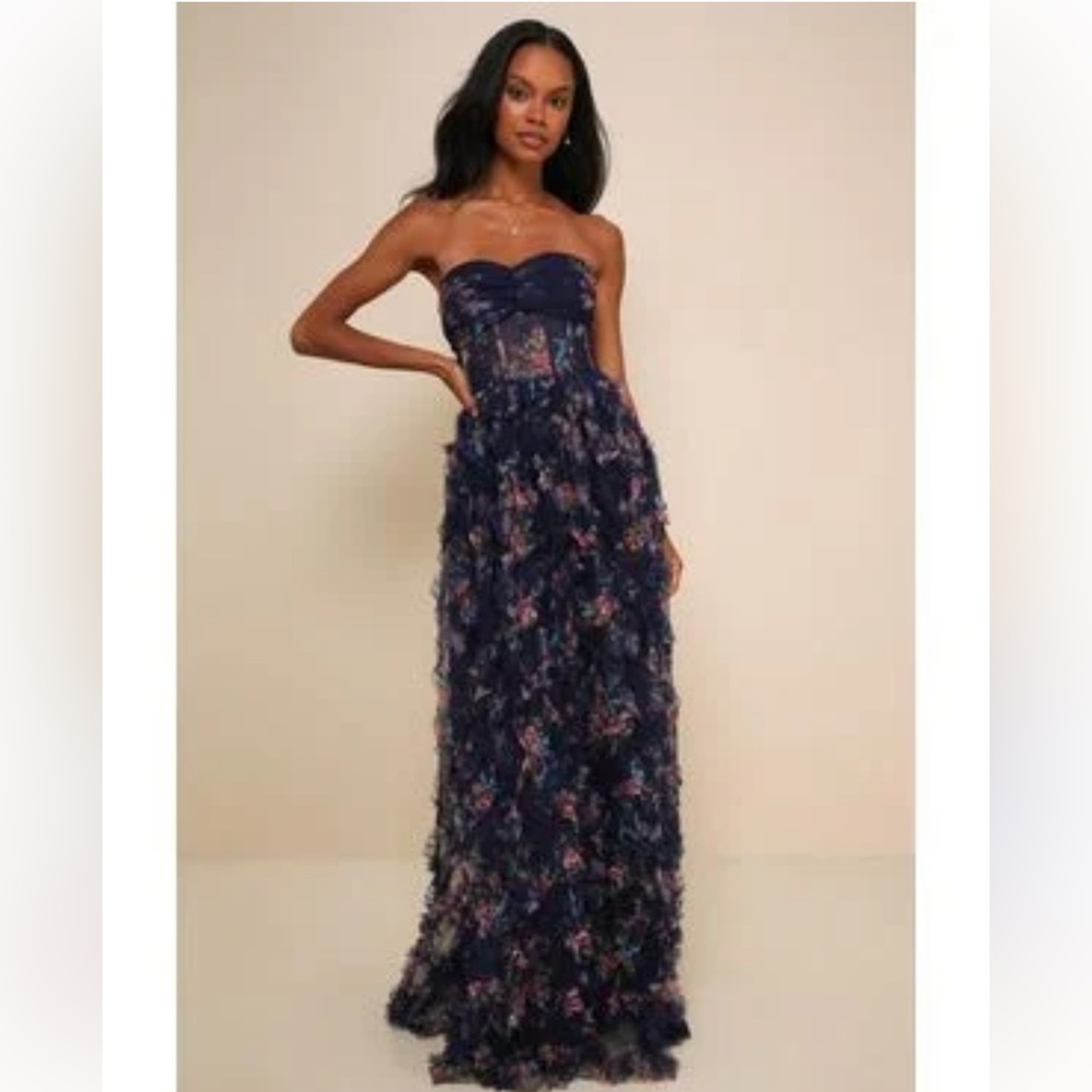 Lulus Stunning Element Navy Floral Mesh Ruffled Strapless Maxi Dress. SizeXS New